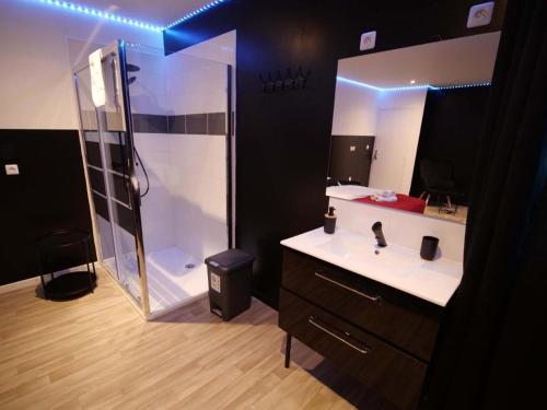 un bagno con doccia, lavandino e specchio di Suite ROMANTICA Balnéo - Olympe Suites & Spa Lille, Croix, Roubaix a Croix