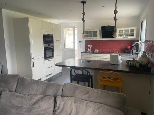 un salon avec un canapé et une cuisine dans l'établissement Cœur de la corse niolo, à Albertacce