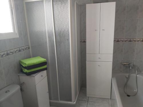a bathroom with a shower and a toilet and a sink at Casa los Limones Torrox in Torrox
