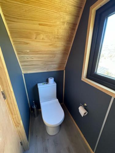 a small bathroom with a toilet with a wooden ceiling at OUTSCAPE l Hermosa Cabaña familiar en Cerro Castillo in Villa Cerro Castillo