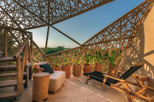 a balcony with chairs and plants on a roof at Hotel Villas Flamingos in Holbox Island