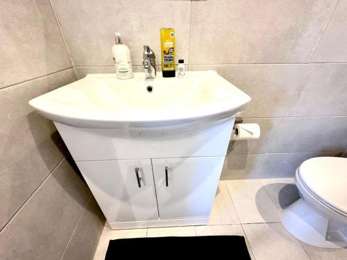 a bathroom with a white sink and a toilet at Spectacular Modern, Private Apartment,15 Mins To Central London in Hendon