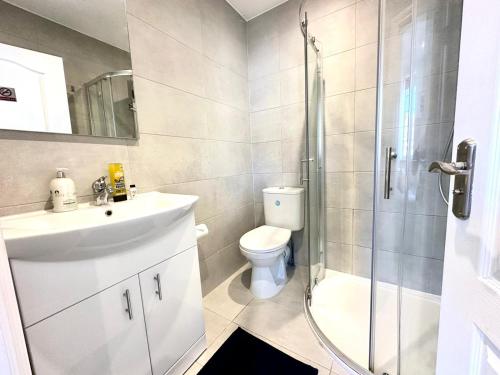 a bathroom with a shower and a toilet and a sink at Spectacular Modern, Private Apartment,15 Mins To Central London in Hendon