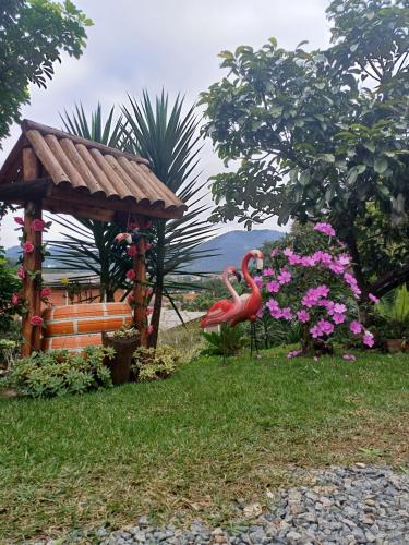 a garden with a bird statue and a gazebo at loft harmonia in Blumenau