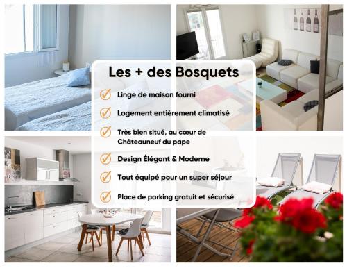 un collage de photos d'une chambre avec un lit et une cuisine dans l'établissement Les Bosquet Charmante Maison 2 Chambres ,parking gratuit au Centre de Châteauneuf-du-Pape, à Châteauneuf-du-Pape