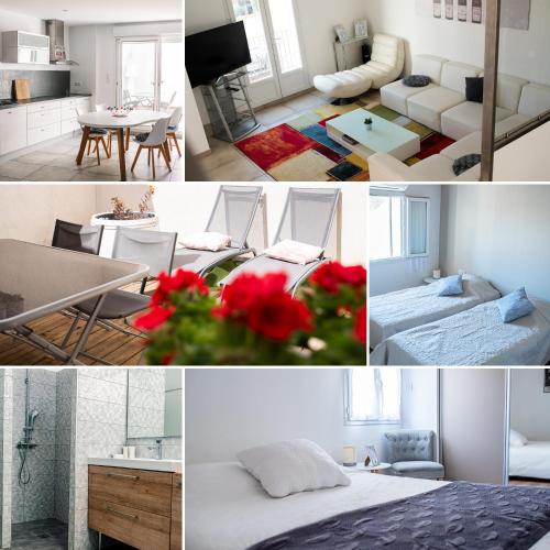 un collage de photos d'un salon et d'une chambre dans l'établissement Les Bosquet Charmante Maison 2 Chambres ,parking gratuit au Centre de Châteauneuf-du-Pape, à Châteauneuf-du-Pape