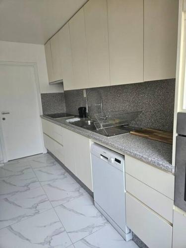 une cuisine avec des armoires blanches, un évier et un lave-vaisselle dans l'établissement Appartement refait à neuf I chambre #2 sur 4, à Dunkerque
