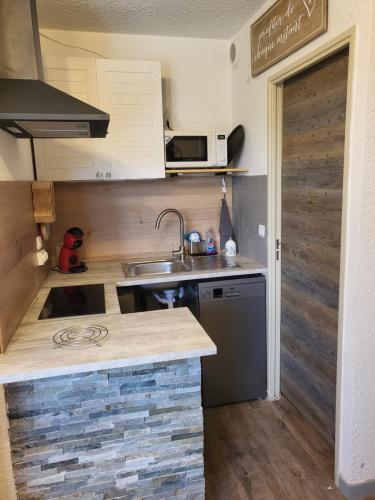 a kitchen with a sink and a counter top at Le jas de l Ours - Chabanon in Selonnet