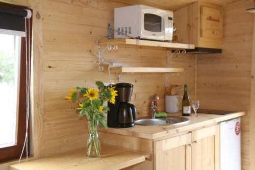 a kitchen with a sink and a vase of flowers at Domaine Le Sciau in Couzon