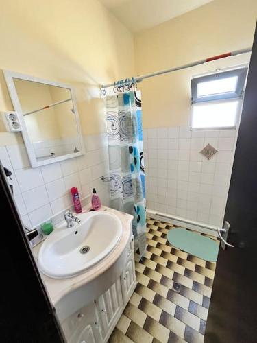 a bathroom with a sink and a shower at El Atardecer del Norte in Salão