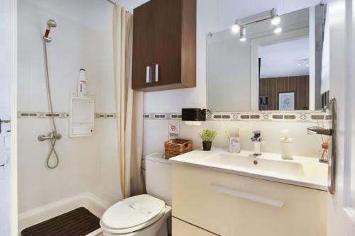 a bathroom with a toilet and a sink and a mirror at Estudio La Laguna in La Laguna