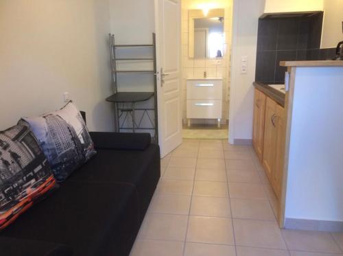 un salon avec un canapé noir et une cuisine dans l'établissement Studio au bord du lac, à Saint-Gérons