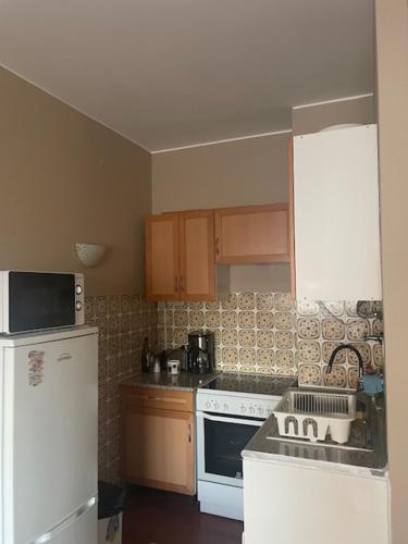 a kitchen with a white refrigerator and a stove at Apartamento ARMAÇÃO PÊRA in Armação de Pêra