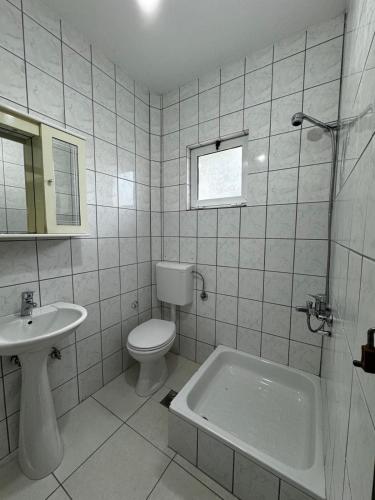 a bathroom with a toilet and a sink and a tub at Lakeside house in Podgorica