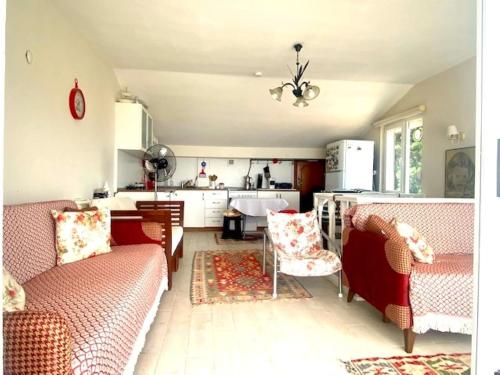 a living room with a couch and a kitchen at Panoramik deniz manzaralı dubleks in Adalar