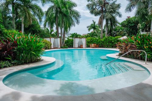 a swimming pool in a yard with palm trees at Tropical Oasis with cook and Housekeeping service INCLUDED Private Pool BBQ Beach Access in Cruz de Huanacaxtle