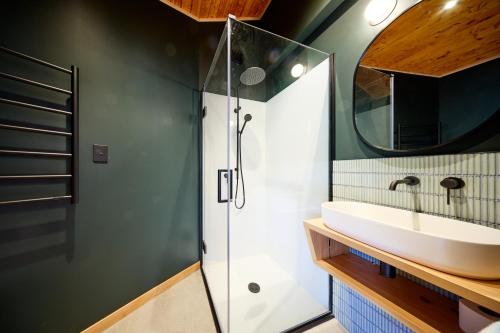 un baño con lavabo y ducha en The Hapuku Studio, en Hapuku