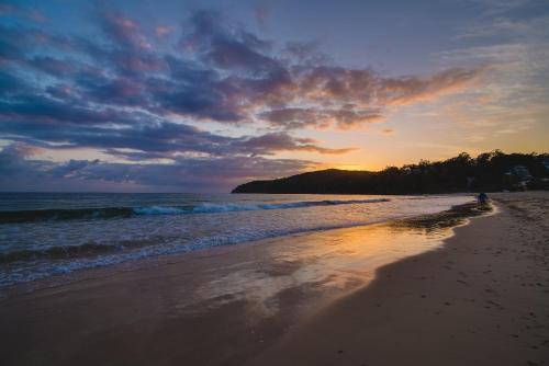 a person walking on the beach at sunset at Halse Lodge Noosa Heads in Noosa Heads