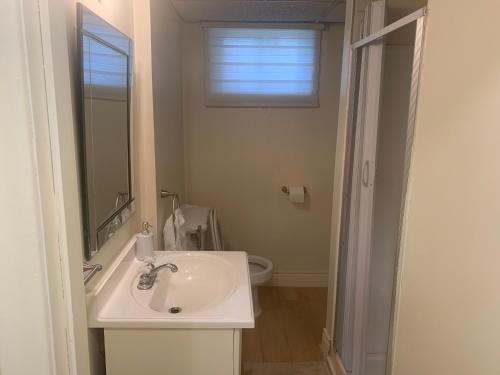 a bathroom with a sink and a mirror and a toilet at Millpond Basement Units in Richmond Hill