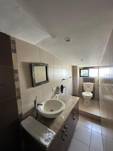 a bathroom with a sink and a toilet at Plaza Lobos Suites in San Cristobal
