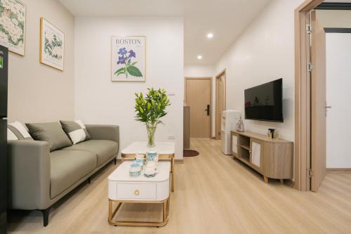a living room with a couch and a tv at Lux Apartment Ngọc Khánh 2 in Hanoi