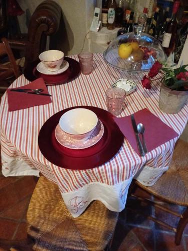 une table avec un tissu de table rayé rouge et blanc dans l'établissement La maison du bonheur, à Montignac-Charente