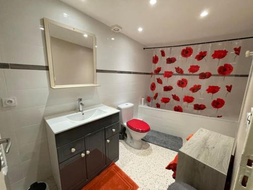 a bathroom with a toilet and a sink and a mirror at LA ROUSSETTE in Marseillan