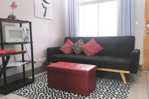a living room with a black couch and red pillows at Conveniente ubicación en zona muy silenciosa Apt 3 in Curridabat