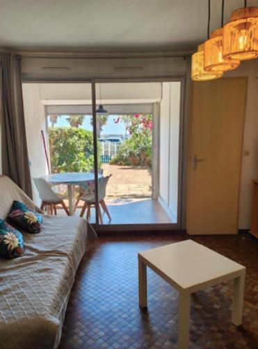 un salon avec un canapé et une table dans l'établissement T1 comfort with parking and garden, à Gruissan