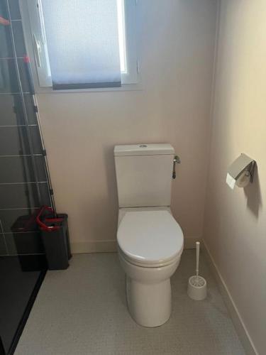 La salle de bains est pourvue de toilettes blanches et d'une fenêtre. dans l'établissement Studio pour 2 personnes à Tonnay Charente, à Tonnay-Charente