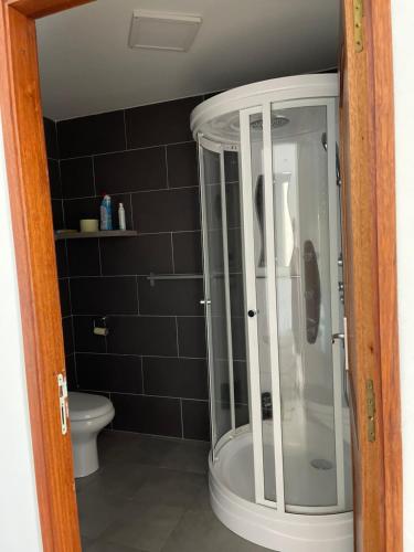 a glass shower in a bathroom with a toilet at Kaz Mont Vert in Saint-Pierre