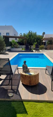 a bird statue sitting next to a swimming pool at Poolemonhouse in Fernao Ferro