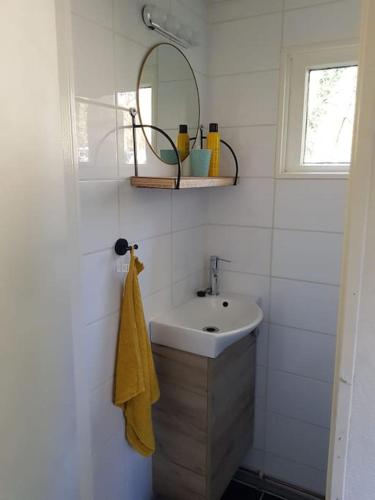 a white bathroom with a sink and a mirror at Forest Cottage Hattem in Hattemerbroek
