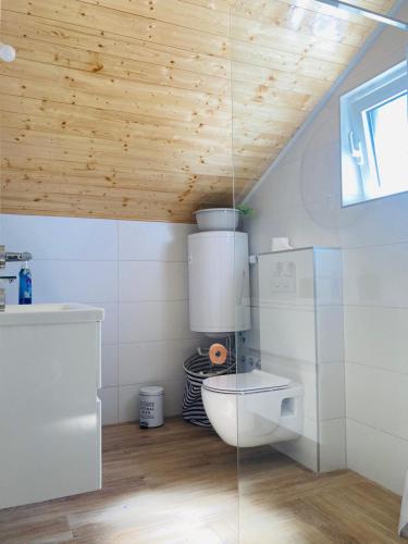 a bathroom with a toilet and a wooden ceiling at Apartment Mrkić in Biograd na Moru