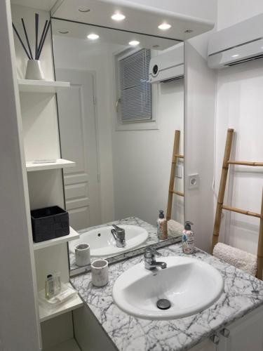 un baño con lavabo y espejo en Appartement proche plage et CNPE, en Gravelines