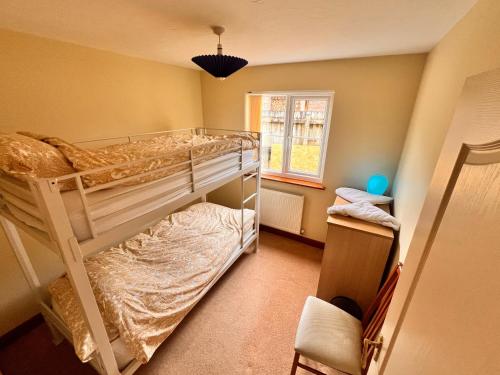 a bedroom with two bunk beds and a window at Devon Bungalow in Holsworthy