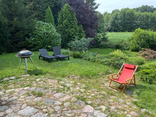 two chairs and a grill in a garden at Villa Easy Living in Bierzwnik