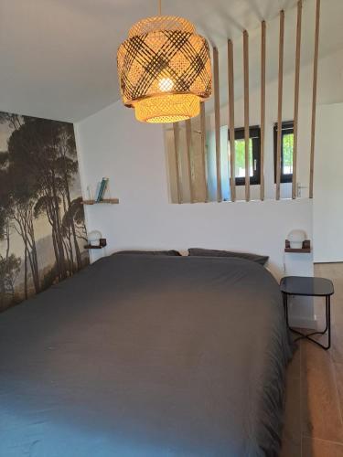 une chambre avec un grand lit et un lustre dans l'établissement Belle maison proche centre ville et plage (3,5km), à Fouesnant