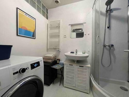 une salle de bain avec un lavabo et une machine à laver dans l'établissement Appartement Plage de Ferrieres, à Martigues