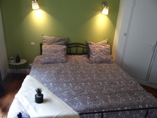 Un dormitorio con una cama con una planta encima. en Appartement lumineux au centre de dieppe, calme et confortable, en Dieppe