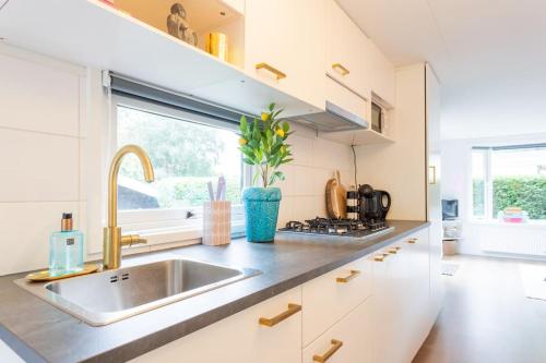 un bancone della cucina con lavandino e finestra di Boutique Chalet Putten op de Veluwe a Krachtighuizen