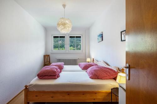a bedroom with a bed with red pillows on it at Familien-Sportappartements Wetzel in Menzenschwand