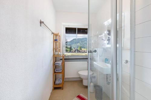 a bathroom with a toilet and a glass shower at Familien-Sportappartements Wetzel in Menzenschwand
