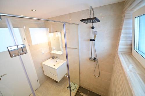 a bathroom with a shower and a sink at FLH - Apartament Kathy Sibiu in Turnişor