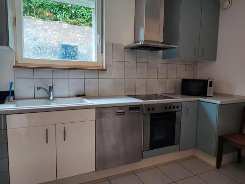 a kitchen with a sink and a microwave at Le jardin d'Horace o Im Garten von Horaz in Volgelsheim