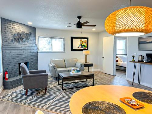 a living room with a couch and a fireplace at 1BR Apt 7 mins Integris Monthly 15 Off #41B in Oklahoma City