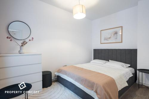 une chambre avec un lit et un miroir dans l'établissement Central Residence Apartment 711 B4, à Vatra Mînăstirii Cotroceni
