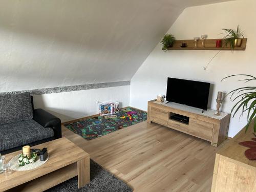a living room with a couch and a television at Ferienwohnung Winzenburg in der Nähe vom Steinhuder Meer und Dinopark Münchehagen in Rehburg-Loccum