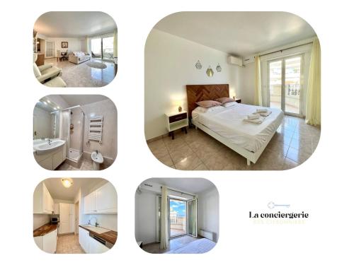 un collage de quatre photos d'une chambre et d'une salle de bains dans l'établissement 'Le Victoria Beach' Vue Mer Plein Centre, Spacieux, à Menton