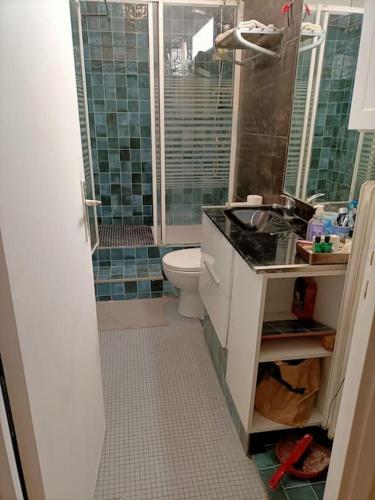 une salle de bain avec un lavabo, des toilettes et une douche dans l'établissement Green Paris, à Neuilly-sur-Seine